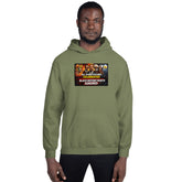 Military green pullover hoodie with hood and centered front graphic print