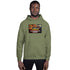 Military green pullover hoodie with hood and centered front graphic print