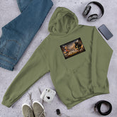 Unisex military green hoodie with chest graphic and front kangaroo pocket