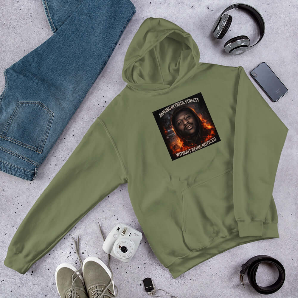 Unisex hoodie in Military Green with pullover hood and chest graphic print