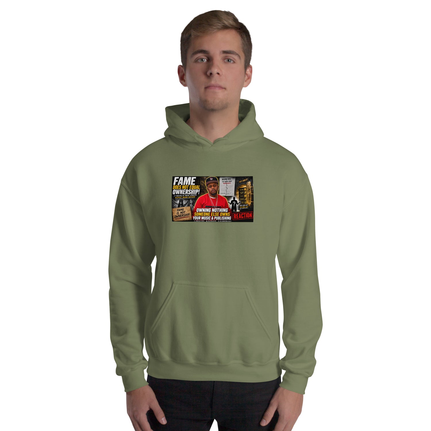 Olive green unisex hoodie with front graphic print and kangaroo pocket.