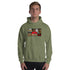 Olive green unisex hoodie with front graphic print and kangaroo pocket.