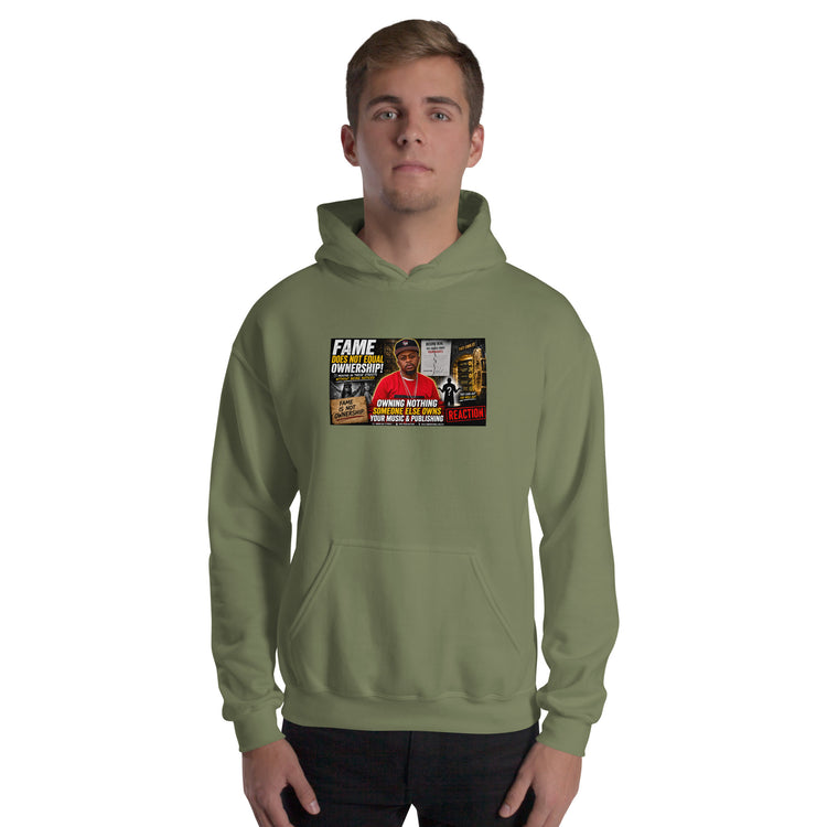 Olive green unisex hoodie with front graphic print and kangaroo pocket.