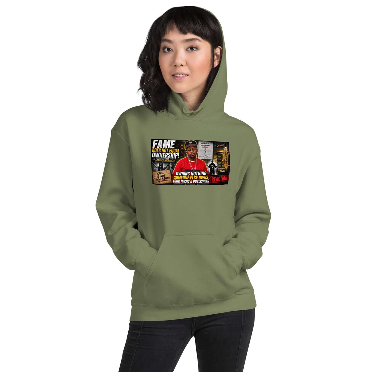 Military green unisex hoodie with chest graphic print, drawstring hood and kangaroo pocket