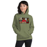 Military green unisex hoodie with chest graphic print, drawstring hood and kangaroo pocket