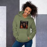 Military green pullover hoodie with front graphic patch and drawstring hood