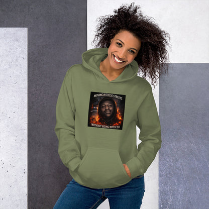 Military green pullover hoodie with front graphic patch and drawstring hood