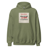 Military green unisex pullover hoodie with kangaroo pocket, hood, and chest graphic