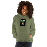 Olive green pullover hoodie with hood, kangaroo pocket, and chest graphic