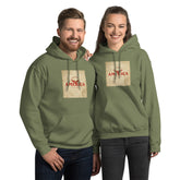 Unisex military green streetwear hoodie with front “AMERICA” graphic print, kangaroo pocket.