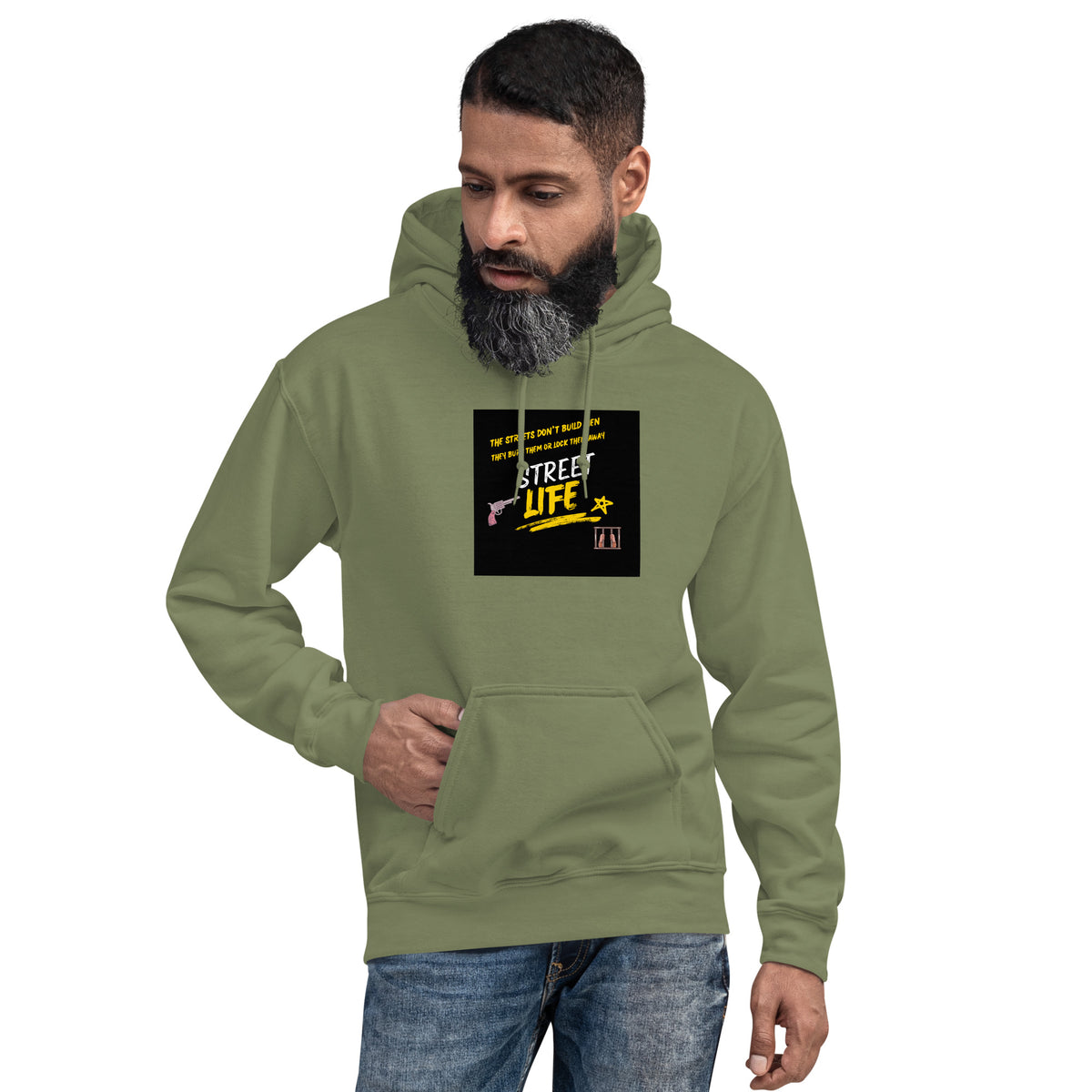Olive green unisex hoodie with pullover hood, drawstrings, kangaroo pocket, and front graphic patch.