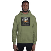 Olive green pullover hoodie with hood and square chest graphic patch
