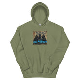 Olive green pullover hoodie with front graphic print and adjustable hood