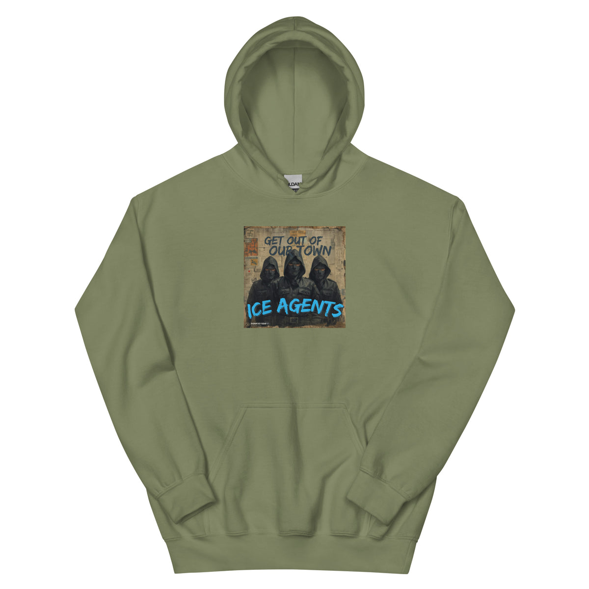 Olive green pullover hoodie with front graphic print and adjustable hood