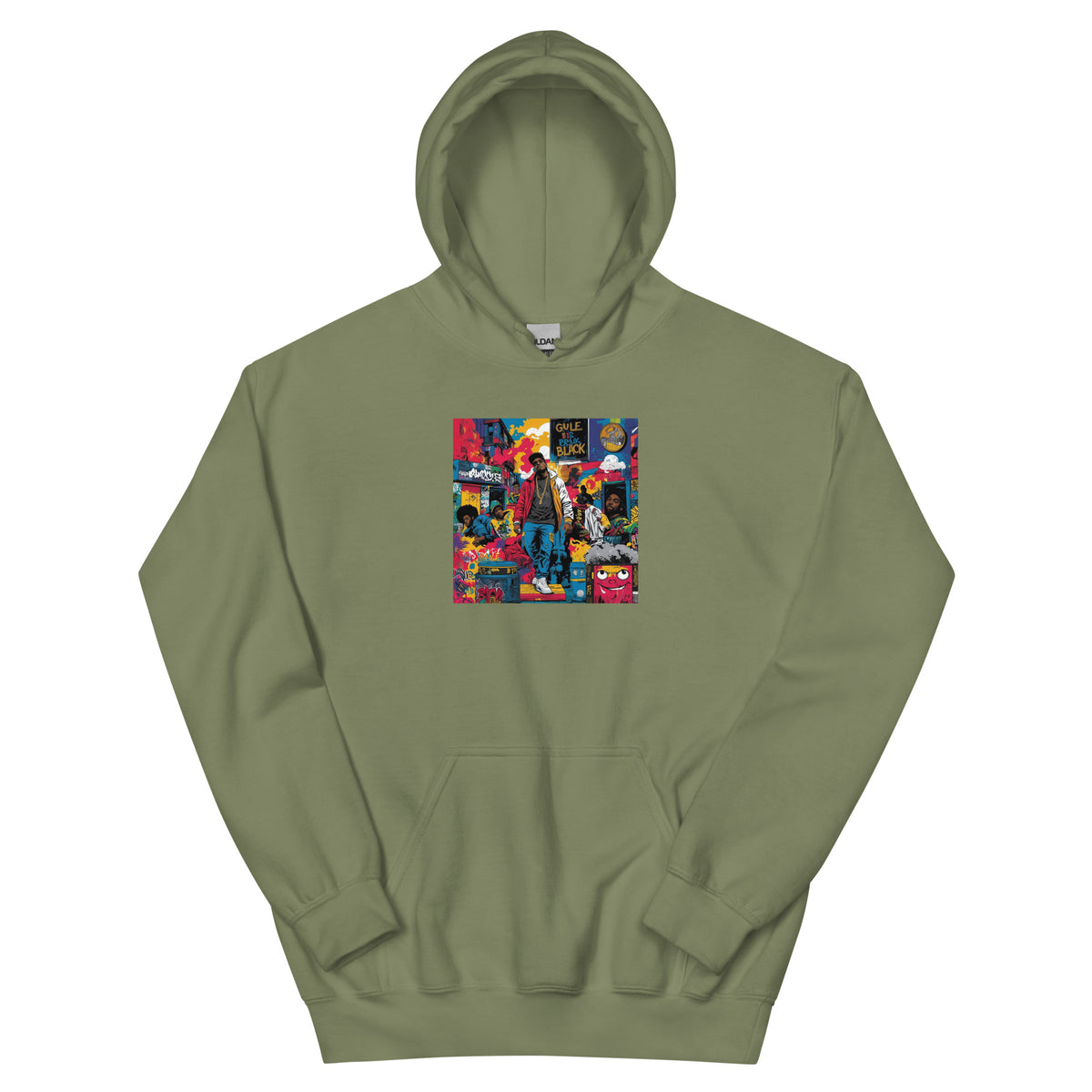Olive green pullover hoodie with front square graphic print and kangaroo pocket