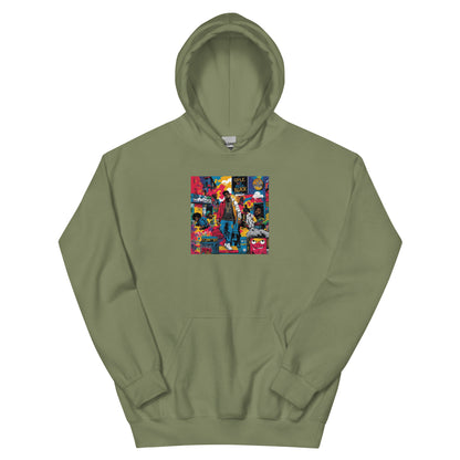 Olive green pullover hoodie with front square graphic print and kangaroo pocket