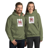 Military green pullover hoodie with hood and front pocket, square chest graphic print.