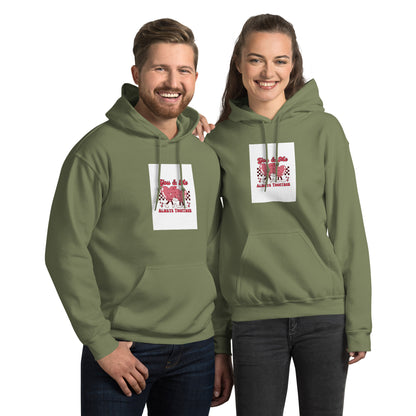 Military green pullover hoodie with hood and front pocket, square chest graphic print.