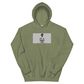 Military green unisex hoodie with front pocket and chest graphic