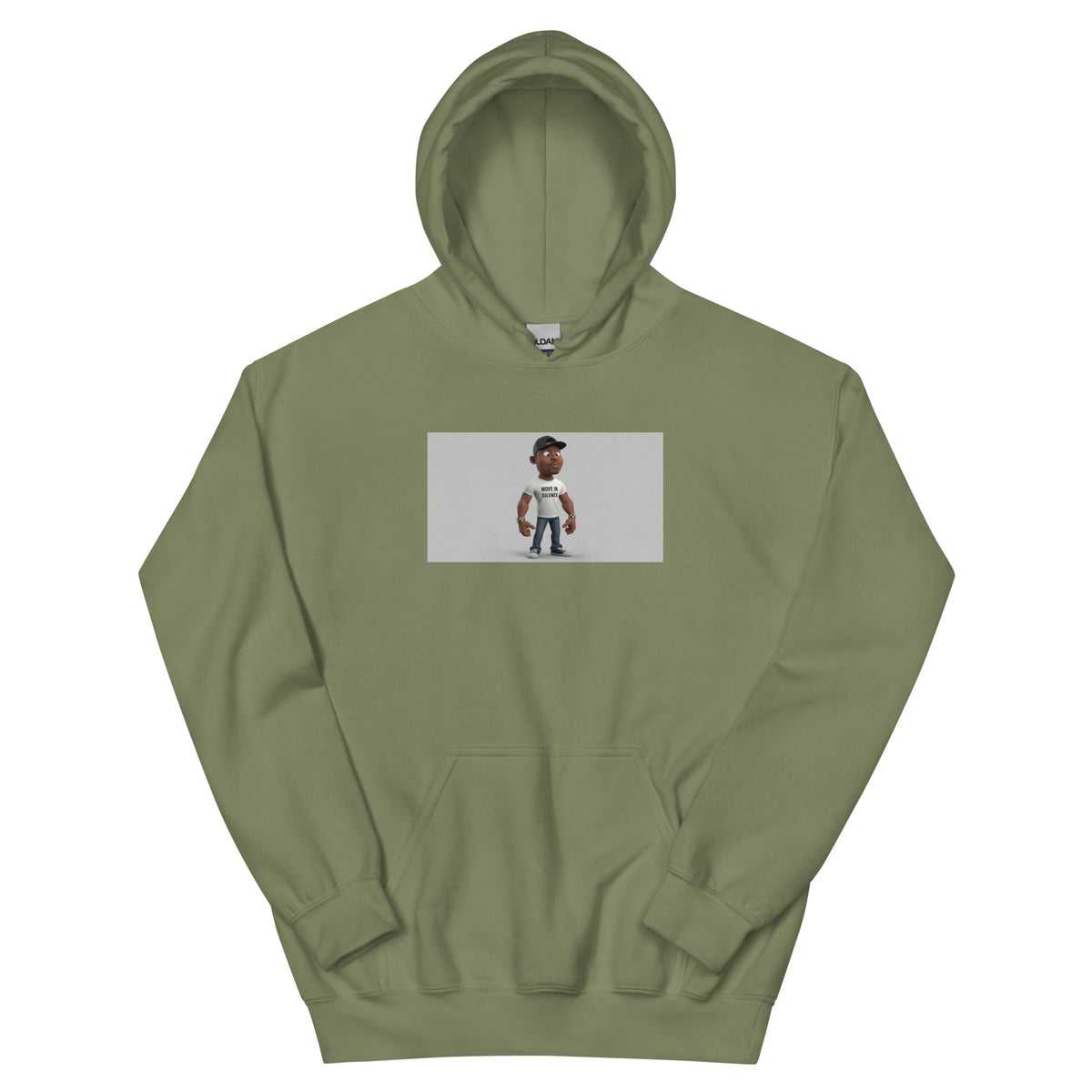 Military green unisex hoodie with front pocket and chest graphic