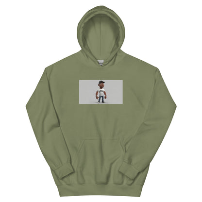 Military green unisex hoodie with front pocket and chest graphic
