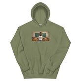 Unisex pullover hoodie in olive green with chest graphic and front kangaroo pocket