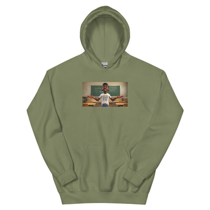 Unisex pullover hoodie in olive green with chest graphic and front kangaroo pocket