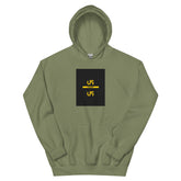 Military green unisex hoodie with square chest graphic print and front kangaroo pocket