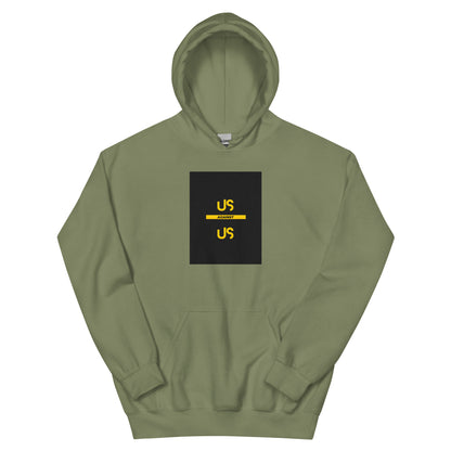 Military green unisex hoodie with square chest graphic print and front kangaroo pocket