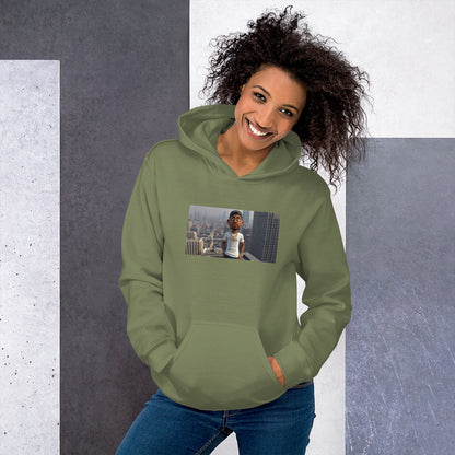 Olive green pullover hoodie with hood, front pocket, and rectangular chest photo graphic.