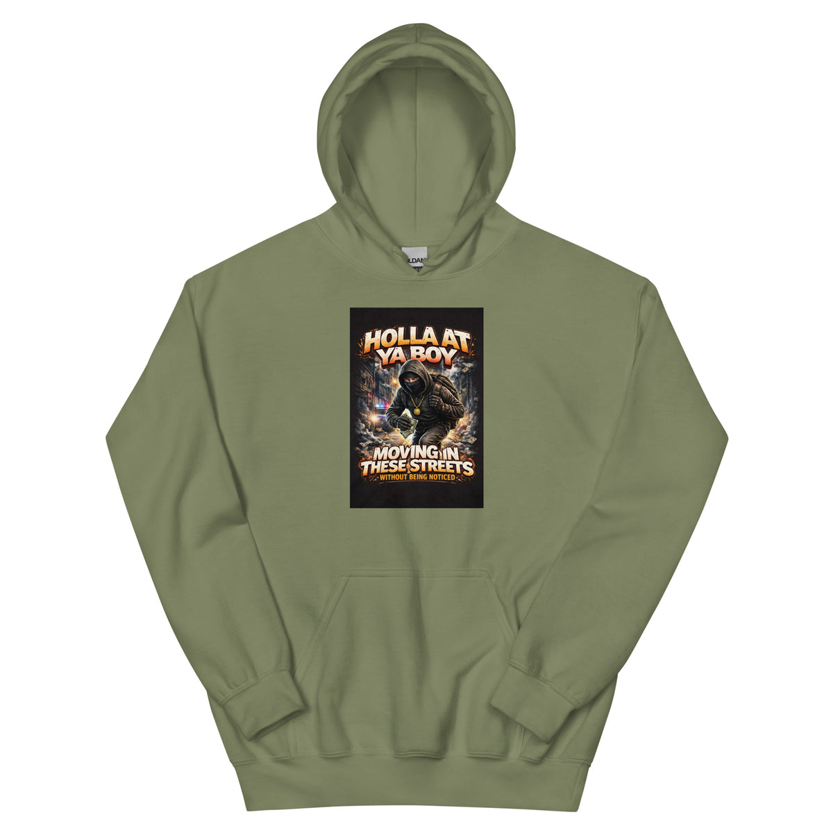 Military green pullover hoodie with front graphic print and kangaroo pocket