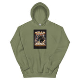 Military green pullover hoodie with front graphic print and kangaroo pocket