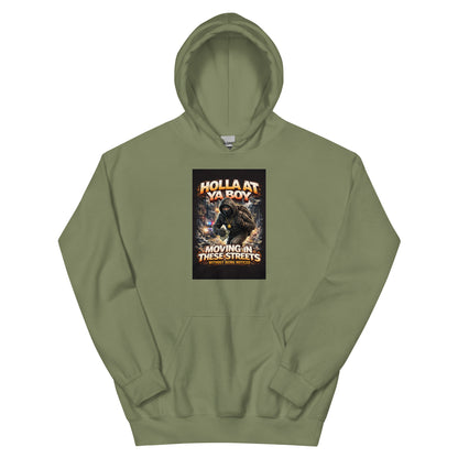 Military green pullover hoodie with front graphic print and kangaroo pocket