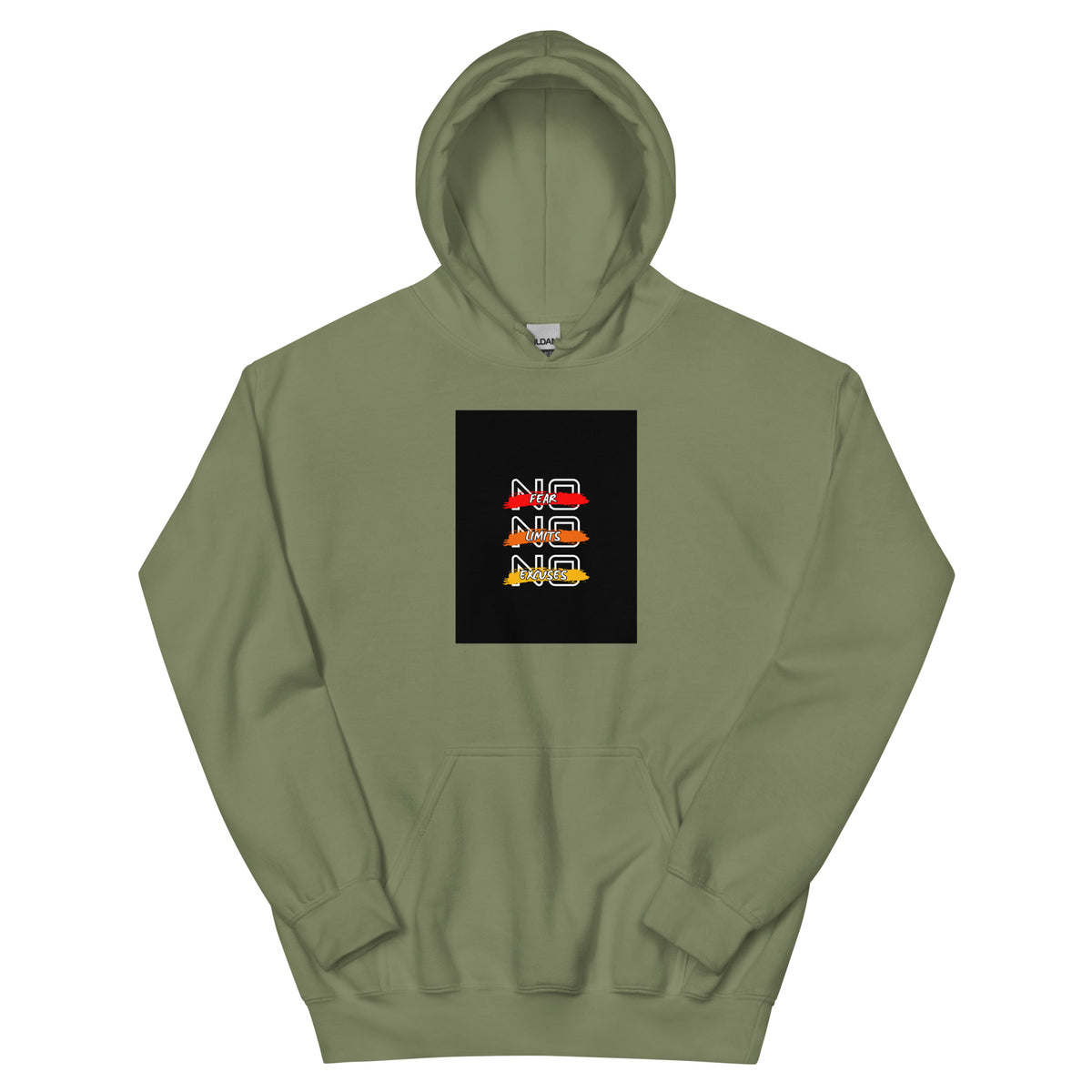 Olive green streetwear hoodie with front chest graphic, pullover hood and kangaroo pocket