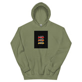 Olive green streetwear hoodie with front chest graphic, pullover hood and kangaroo pocket