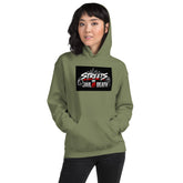 Unisex military green hoodie with front graphic logo, pullover hood, and kangaroo pocket