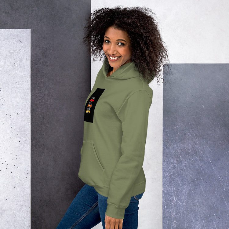 Unisex olive green hoodie with hood and small sleeve graphic, side view.