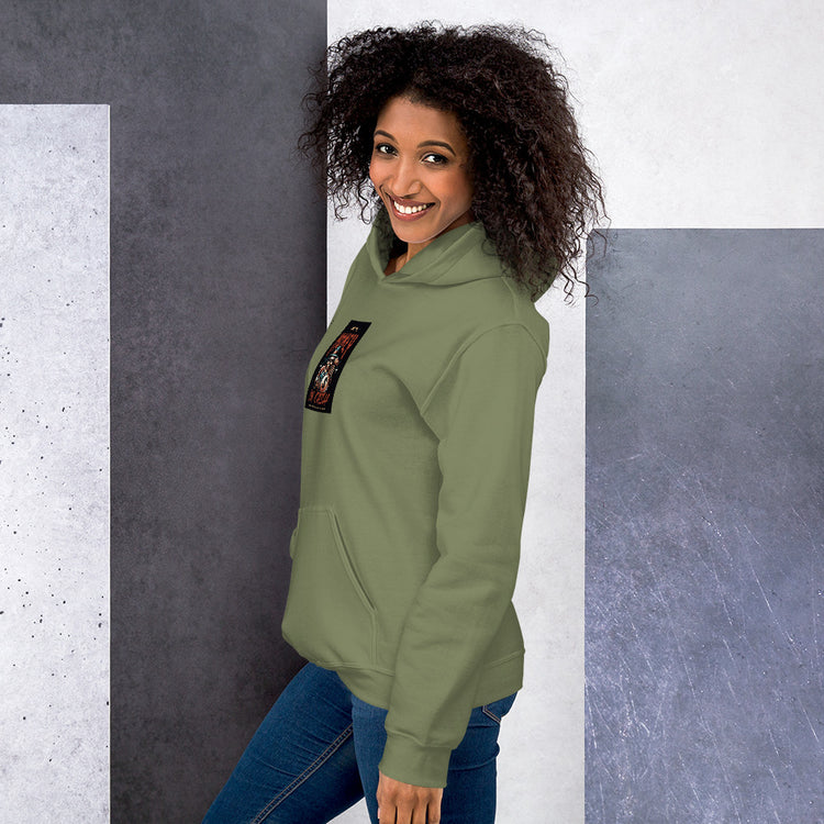 Unisex military green hoodie with chest logo graphic, hood and front pocket