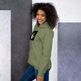 Unisex military green hoodie with black handprint logo patch on chest