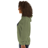 Green unisex hoodie, side view with hood and kangaroo pocket