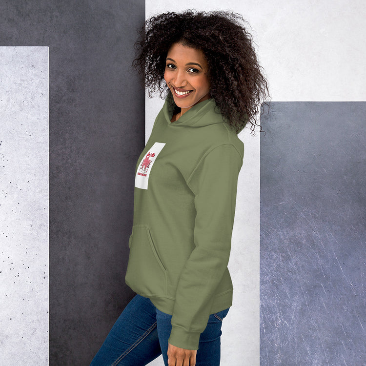 Unisex hoodie in military green with side graphic patch and long sleeves.