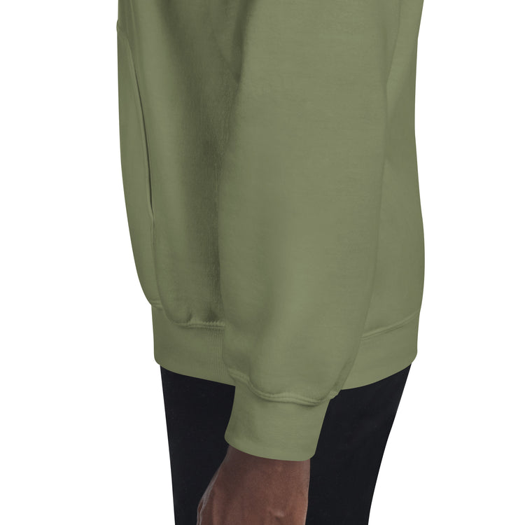 Unisex pullover hoodie in olive green, showing lower hem and kangaroo pocket