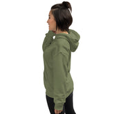 Unisex hoodie military green, side view with hood and kangaroo pocket