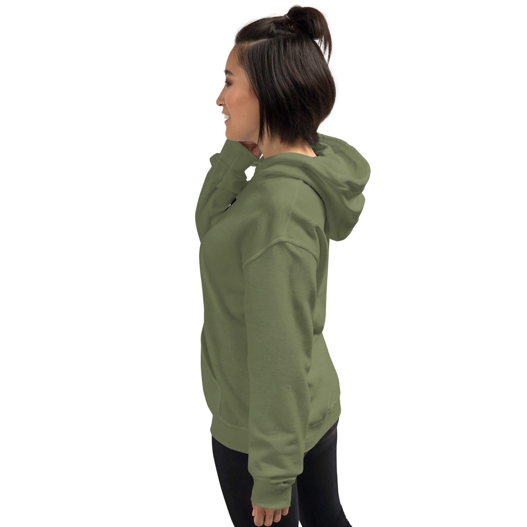Unisex hoodie military green, side view with hood and kangaroo pocket
