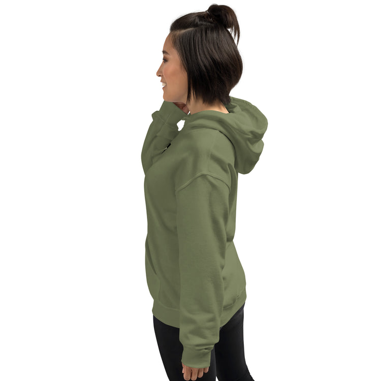 Unisex hoodie military green, side view with hood and kangaroo pocket
