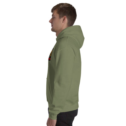 Olive green unisex hoodie side view with sleeve graphic detail.