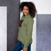 Military green pullover hoodie with front graphic patch and kangaroo pocket