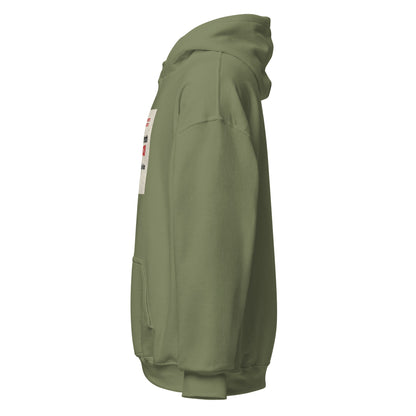 Military green unisex pullover hoodie side view with hood, pocket, and sleeve graphic