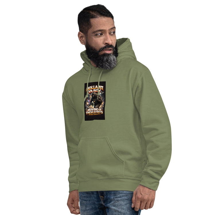 Olive green unisex hoodie with front graphic print and drawstring hood