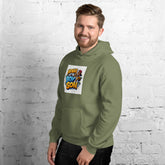 Military green unisex hoodie with hood, front pouch pocket, and chest graphic print.